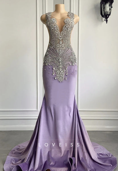 V-Neck Sleeveless Baeded Sheath Prom Dress for Black Girls