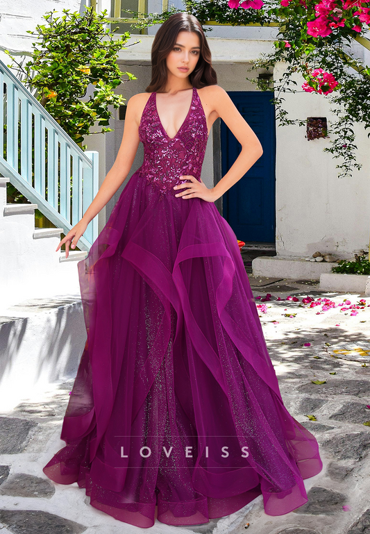 V-Neck Sleeveless Ball Gown Appliques A-Line Prom Dress