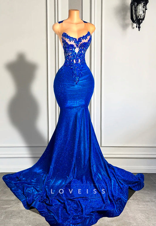 V-Neck Sleeveless Beaded Appliques Sparkly Mermaid Prom Dress for Black Girls