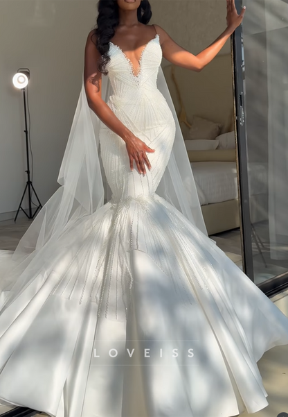 V-Neck Sleeveless Beaded Embroidery Mermaid Wedding Dress