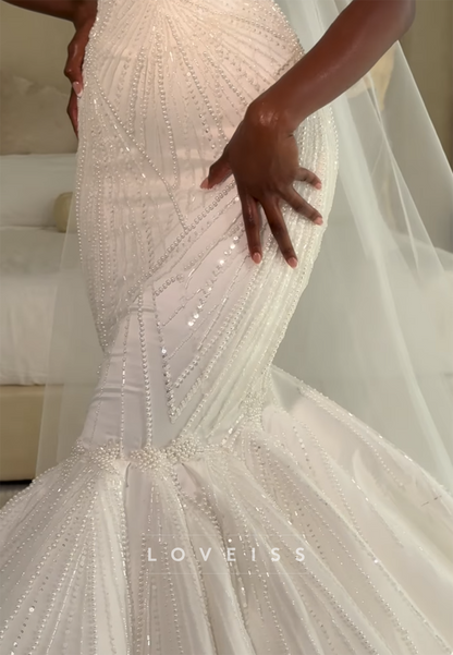 V-Neck Sleeveless Beaded Embroidery Mermaid Wedding Dress