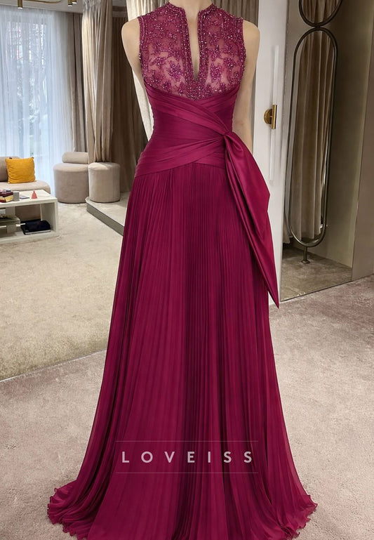 V-Neck Sleeveless Beaded Pleated A-Line Evening Dress