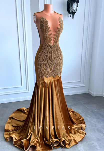 V-Neck Sleeveless Beaded Pleated Mermaid Prom Dress for Black Girls