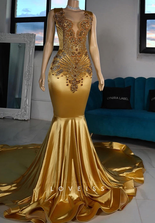 V-Neck Sleeveless Beaded Pleated Mermaid Prom Dress for Black Girls
