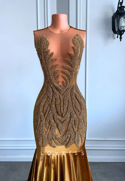 V-Neck Sleeveless Beaded Pleated Mermaid Prom Dress for Black Girls