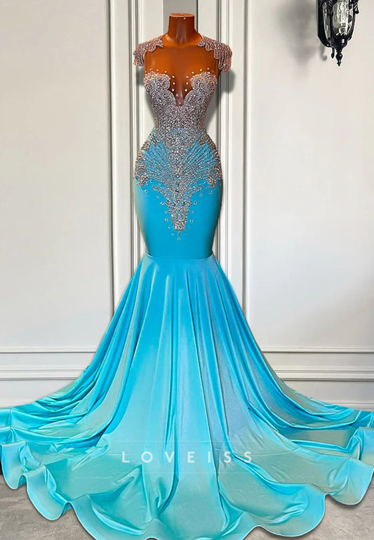V-Neck Sleeveless Beaded Pleated Mermaid Prom Dress for Black Girls
