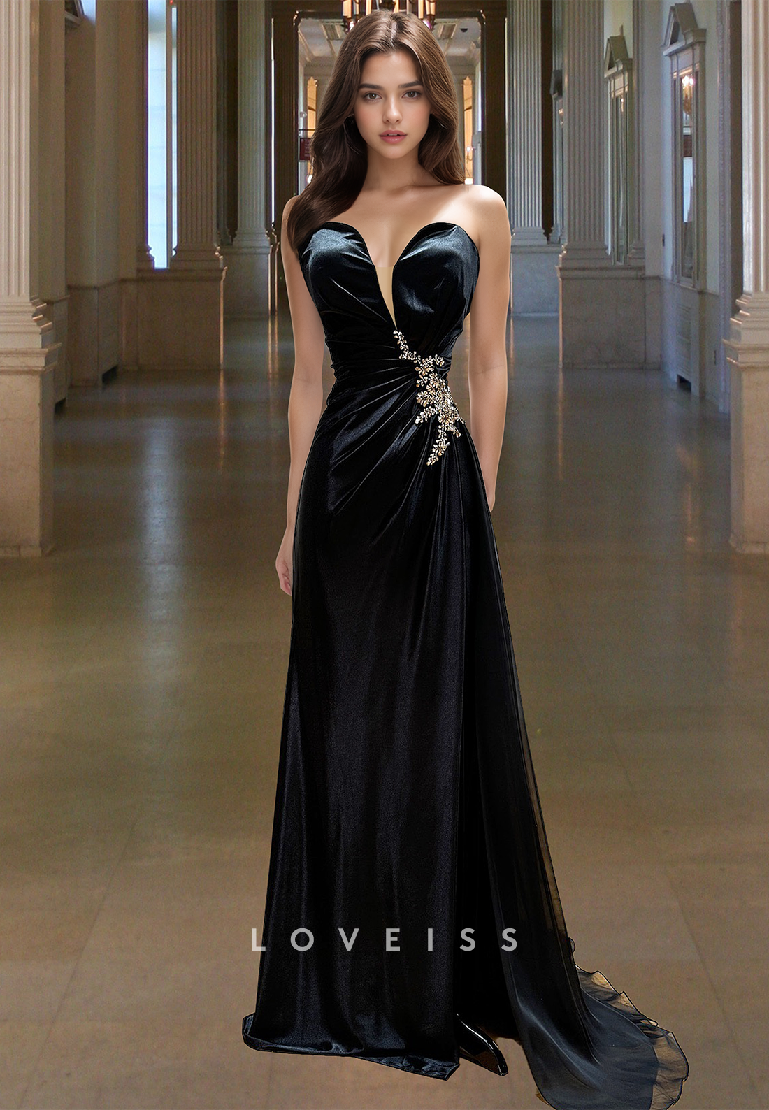 V-Neck Sleeveless Beaded Pleated Sheath Prom Dress