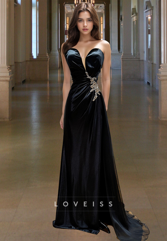 V-Neck Sleeveless Beaded Pleated Sheath Prom Dress