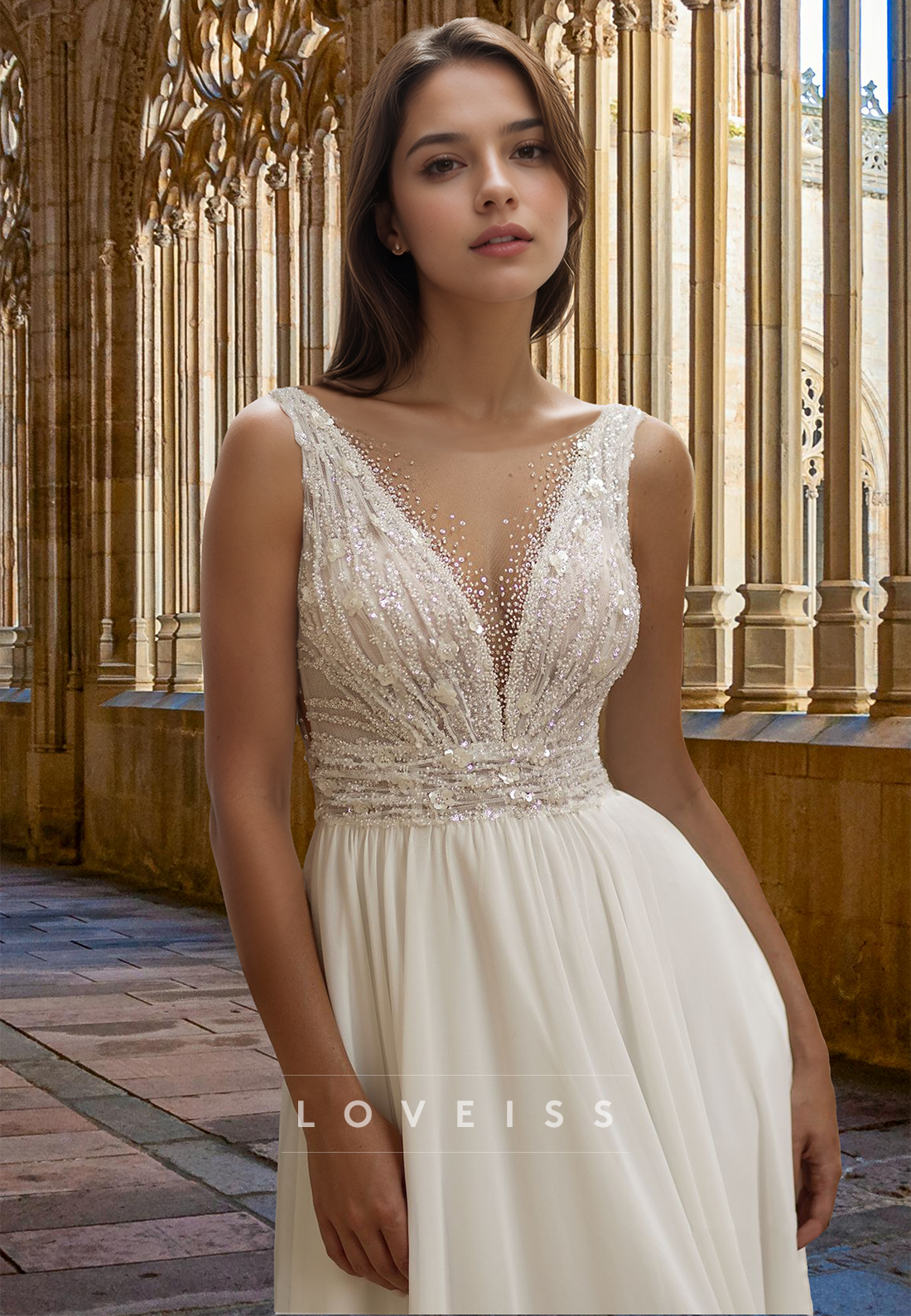 V-Neck Sleeveless Beaded Sequins A-Line Beach Wedding Dress