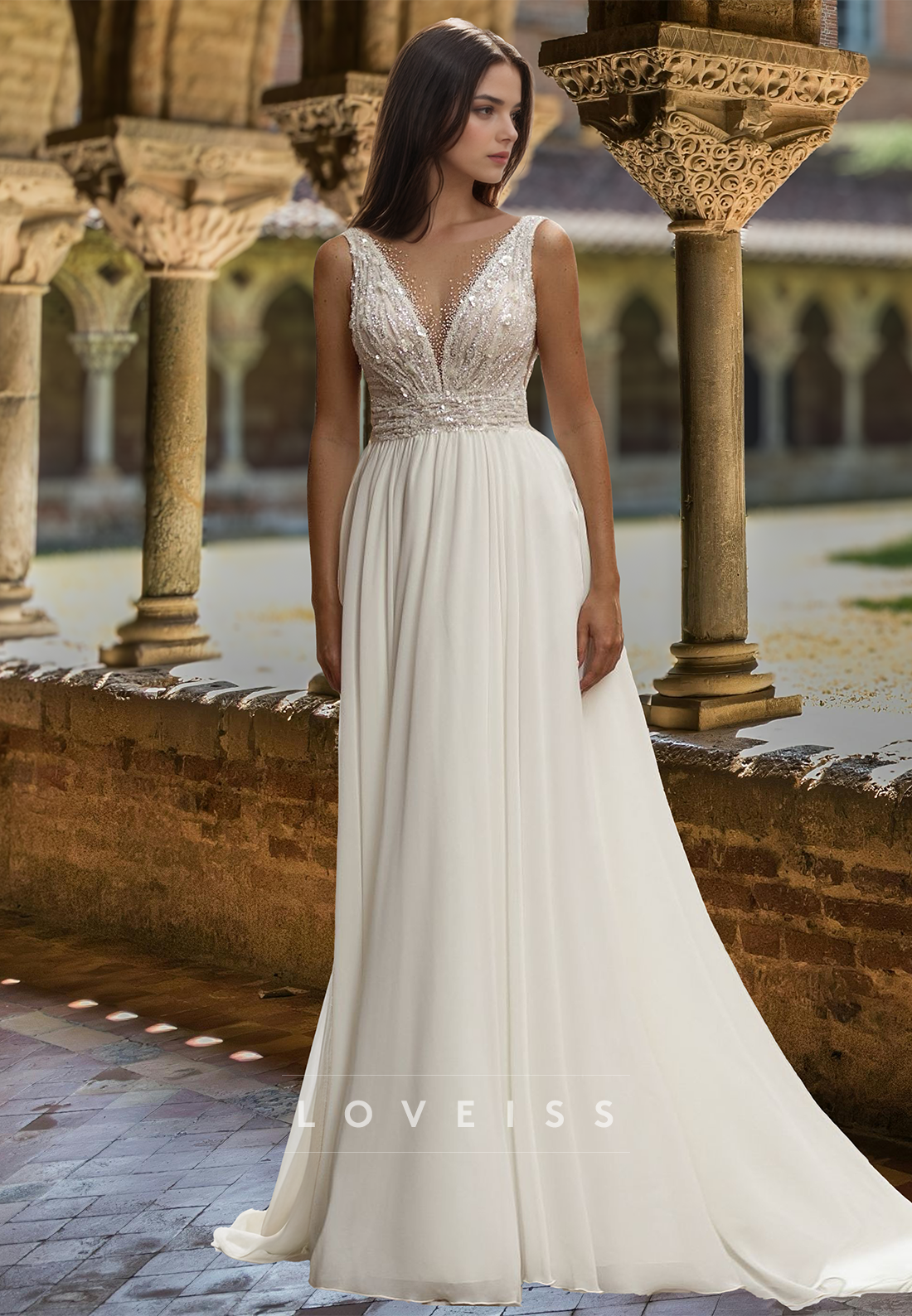 V-Neck Sleeveless Beaded Sequins A-Line Beach Wedding Dress