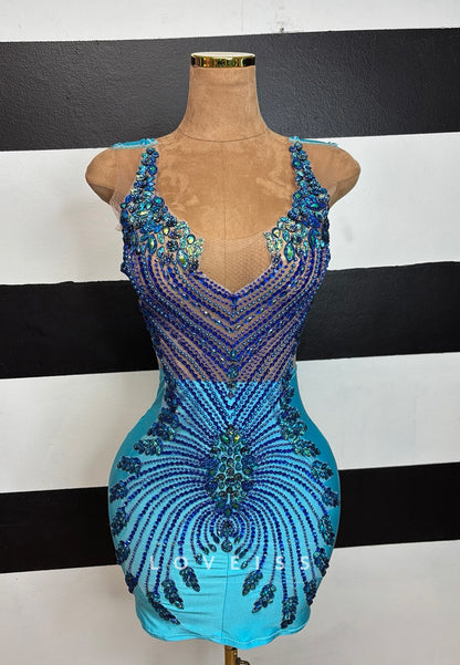 V-Neck Sleeveless Beaded Sheath Homecoming Dress