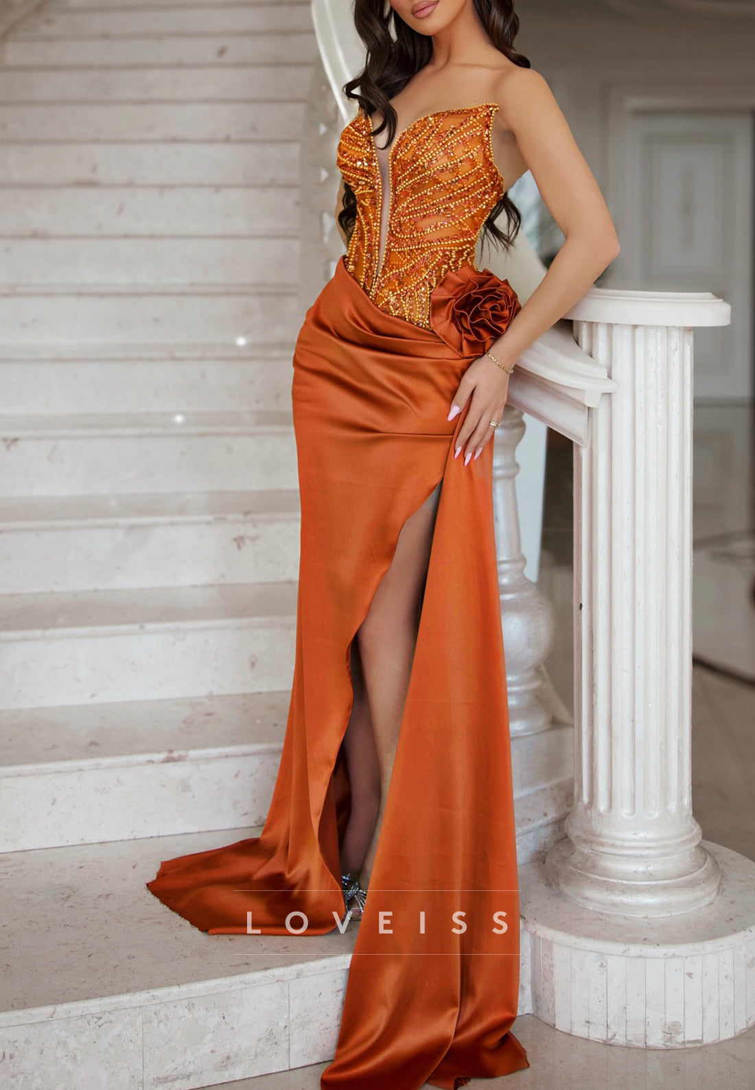 V-Neck Sleeveless Beaded Side Slit Sheath Prom Dress