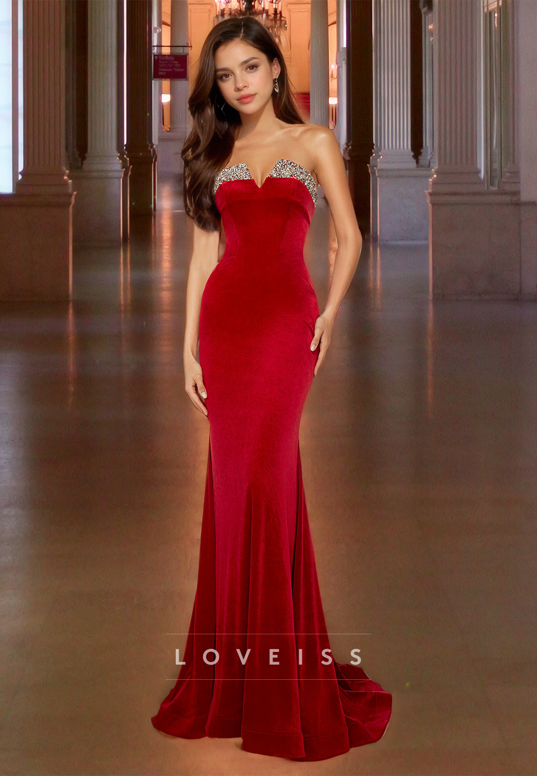 V-Neck Sleeveless Beaded Sleek Mermaid Prom Dress