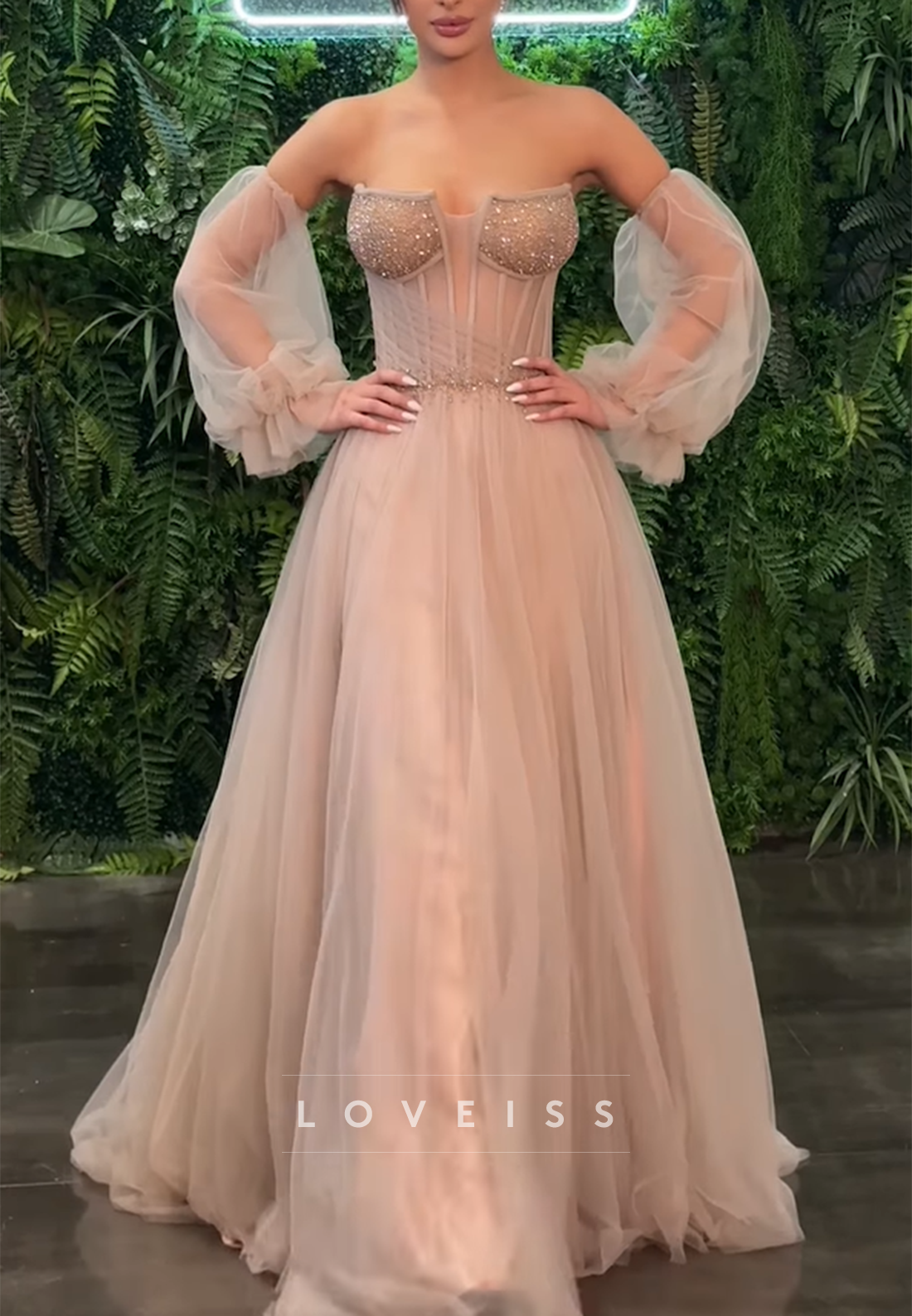 V-Neck Sleeveless Beaded Sparkly Tulle A-Line Prom Dress