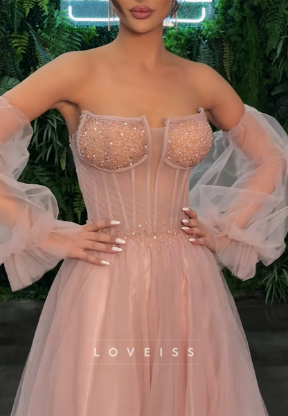 V-Neck Sleeveless Beaded Sparkly Tulle A-Line Prom Dress