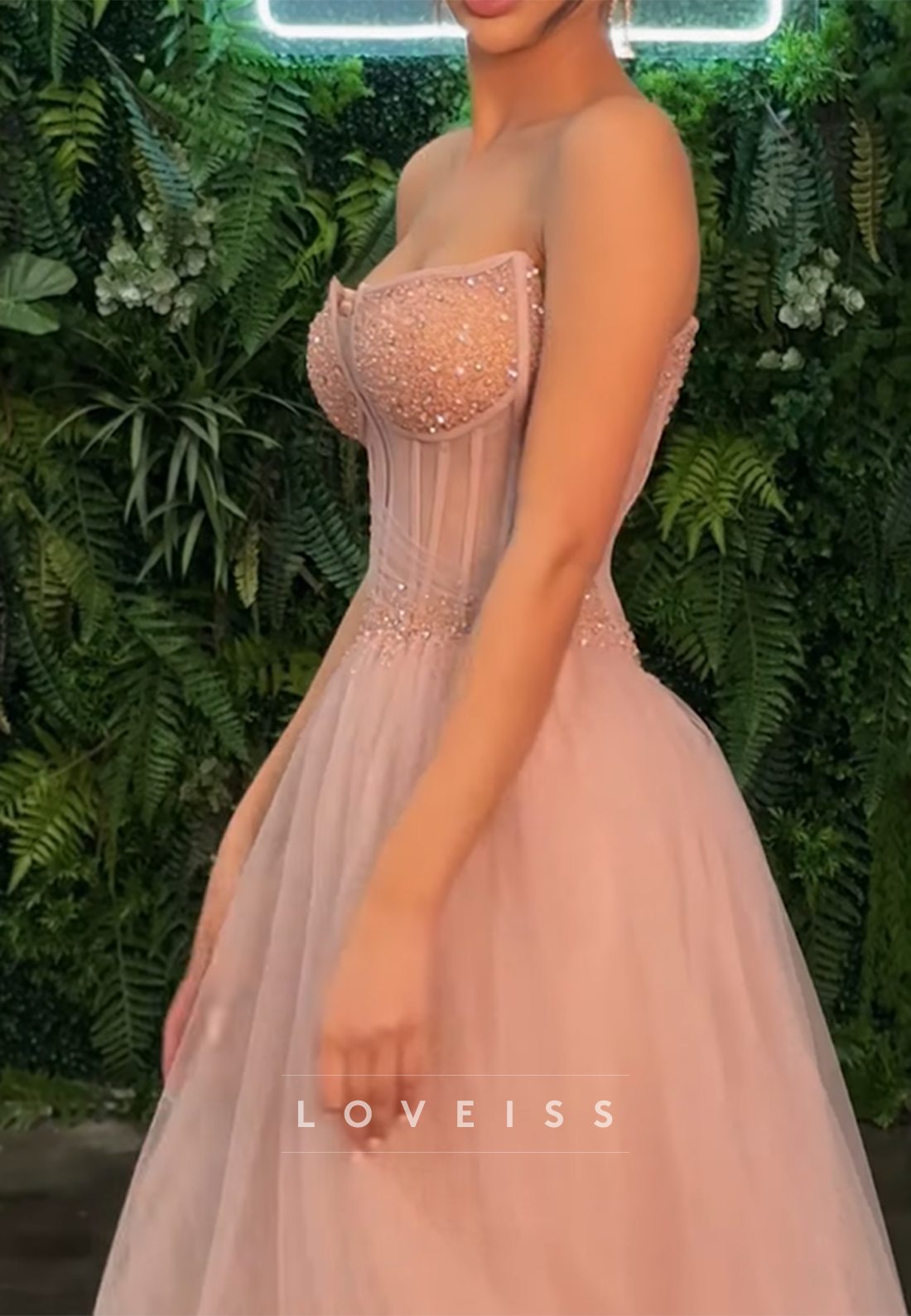 V-Neck Sleeveless Beaded Sparkly Tulle A-Line Prom Dress