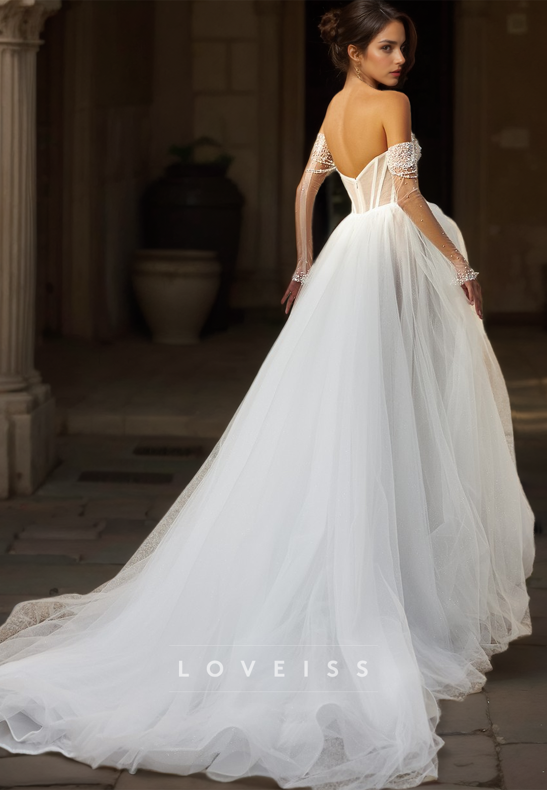 V-Neck Sleeveless Beaded Tulle Ball Gown Wedding Dress