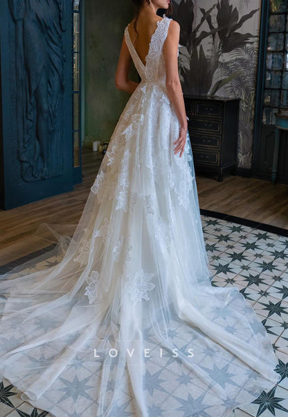 V-Neck Sleeveless Floral Appliques A-Line Wedding Dress