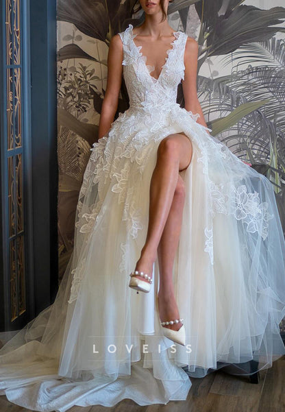V-Neck Sleeveless Floral Appliques A-Line Wedding Dress
