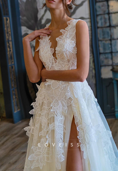V-Neck Sleeveless Floral Appliques A-Line Wedding Dress