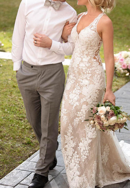 V-Neck Sleeveless Floral Appliques Mermaid Wedding Dress