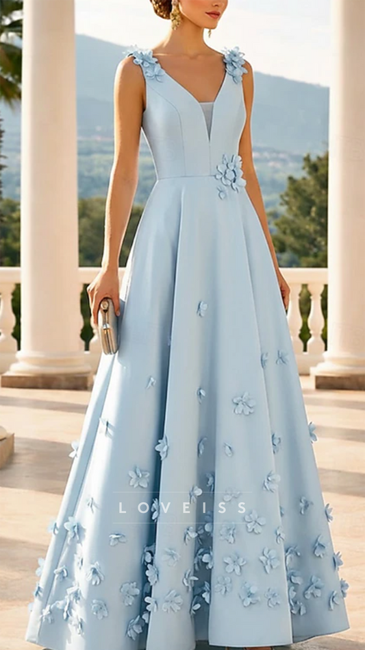V-Neck Sleeveless Floral Embellised A-Line Mother of Bride Dress