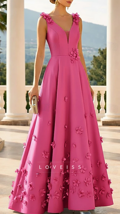 V-Neck Sleeveless Floral Embellised A-Line Mother of Bride Dress