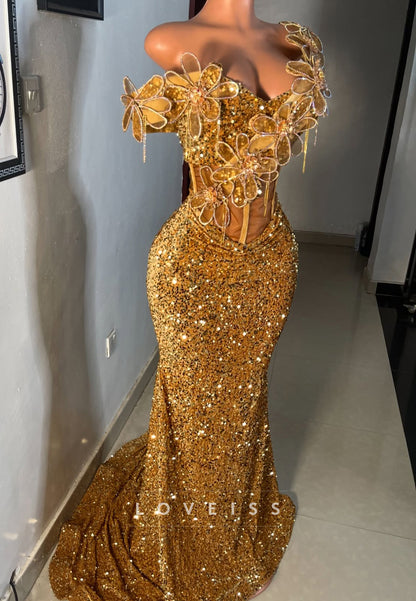 V-Neck Sleeveless Floral Embellished Sequins Mermaid Prom Dress