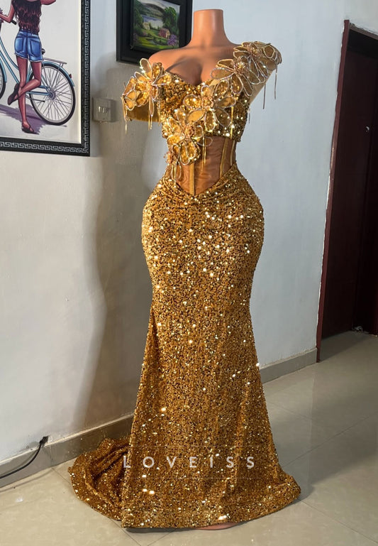 V-Neck Sleeveless Floral Embellished Sequins Mermaid Prom Dress