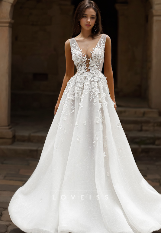 V-Neck Sleeveless Floral Floral Embellished A-Line Wedding Dress