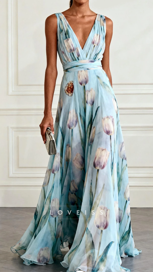 V-Neck Sleeveless Floral Printed A-Line Wedding Guest Dress