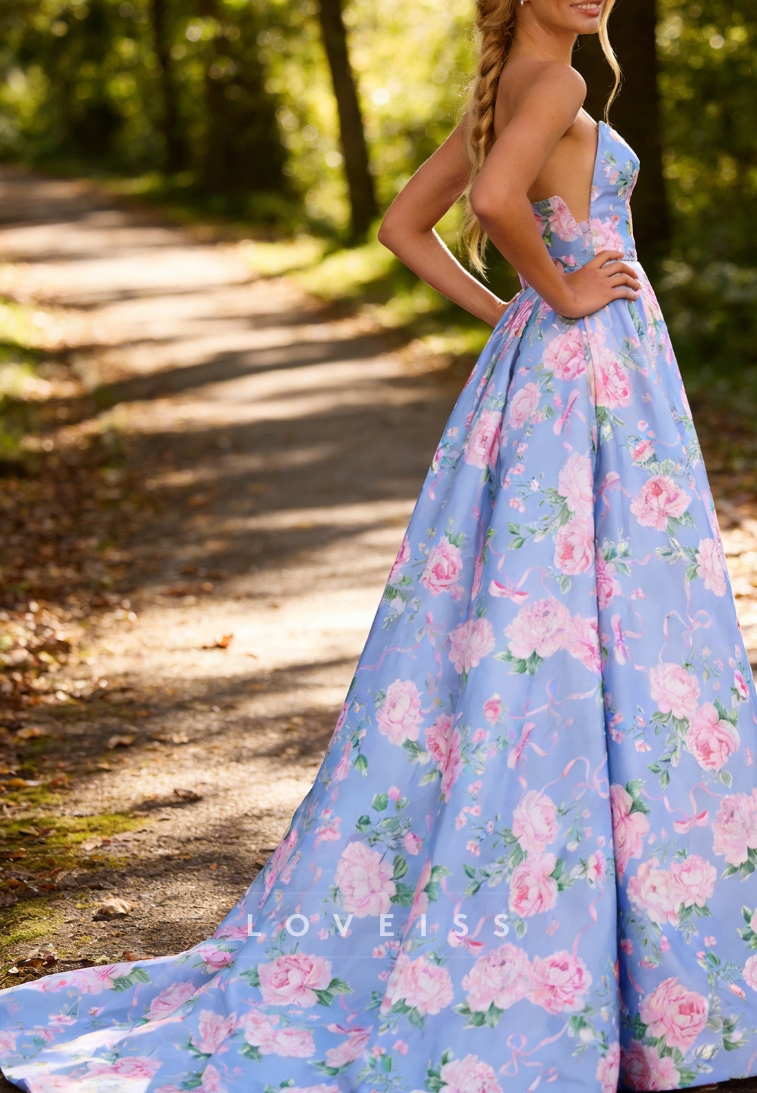 V-Neck Sleeveless Floral Printed Side Slit A-Line Prom Dress