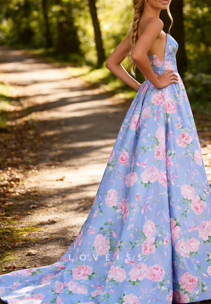 V-Neck Sleeveless Floral Printed Side Slit A-Line Prom Dress