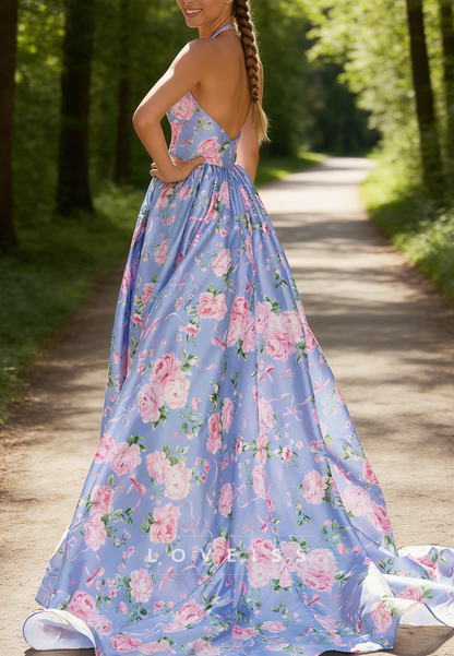 V-Neck Sleeveless Floral Printed Side Slit A-Line Prom Dress