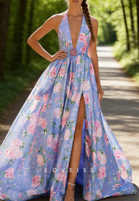 V-Neck Sleeveless Floral Printed Side Slit A-Line Prom Dress