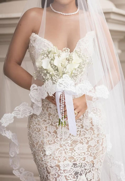 V-Neck Sleeveless Full Lace Appliques Mermaid Wedding Dress