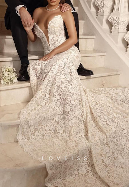 V-Neck Sleeveless Full Lace Appliques Mermaid Wedding Dress