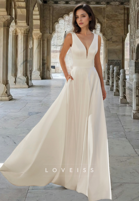 V-Neck Sleeveless Lace-Up Pleated Satin A-Line Simple Wedding Dress