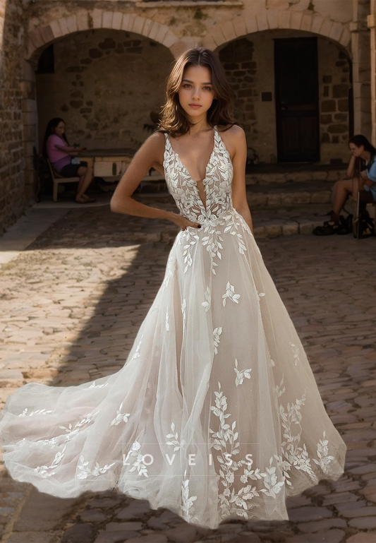 V-Neck Sleeveless Lace Appliques A-Line Wedding Dress