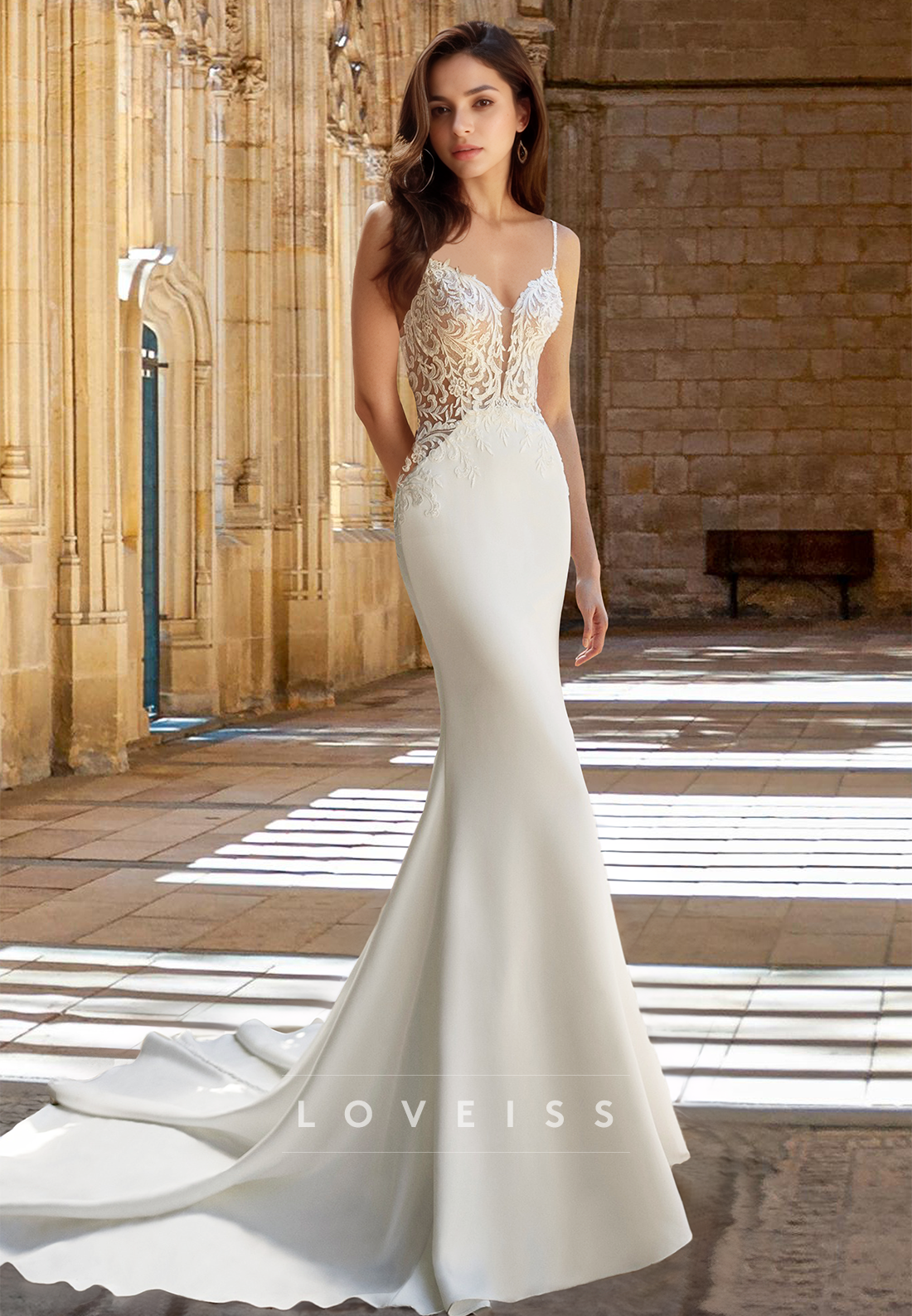 V-Neck Sleeveless Lace Appliques Backless Mermaid Beach Wedding Dress