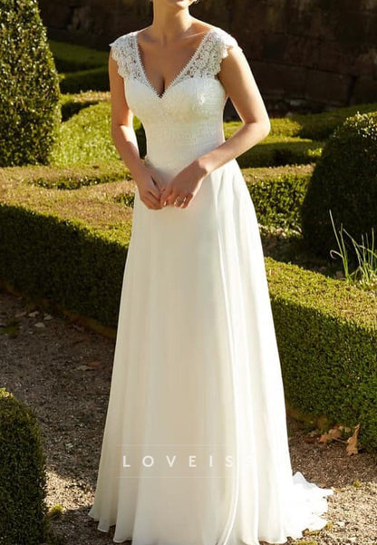 V-Neck Sleeveless Lace Appliques Chiffon A-Line Wedding Dress