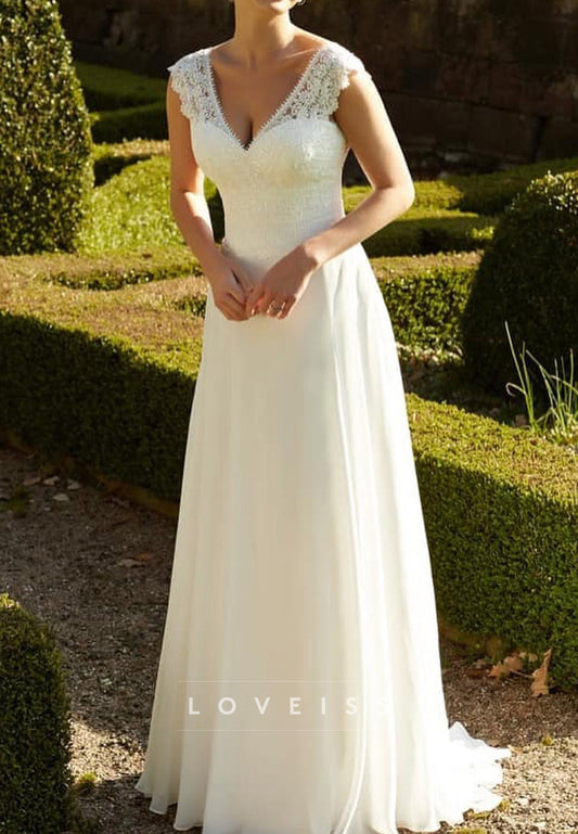 V-Neck Sleeveless Lace Appliques Chiffon A-Line Wedding Dress