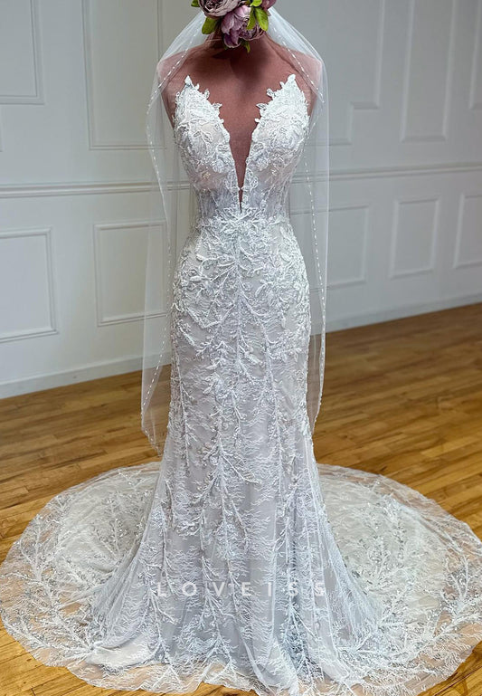 V-Neck Sleeveless Lace Appliques Mermaid Wedding Dress