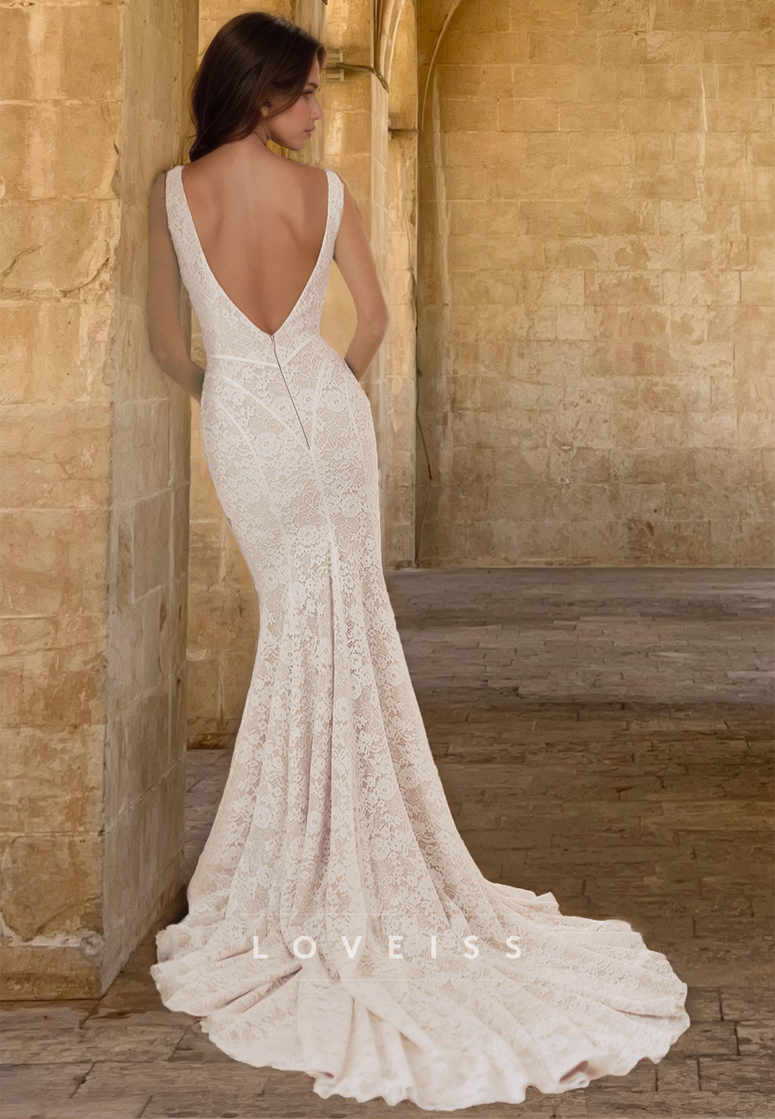 V-Neck Sleeveless Lace Appliques Mermaid Wedding Dress