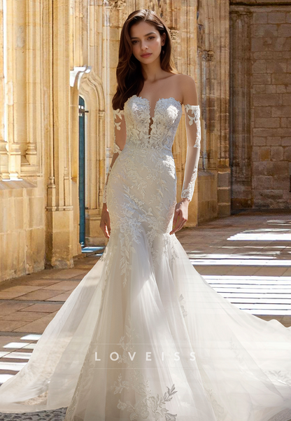 V-Neck Sleeveless Lace Appliques Mermaid Wedding Dress