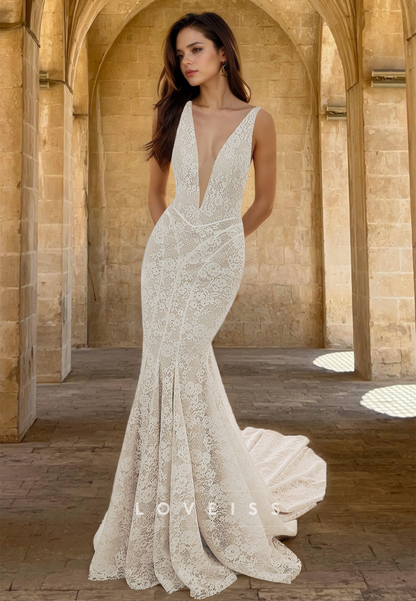 V-Neck Sleeveless Lace Appliques Mermaid Wedding Dress