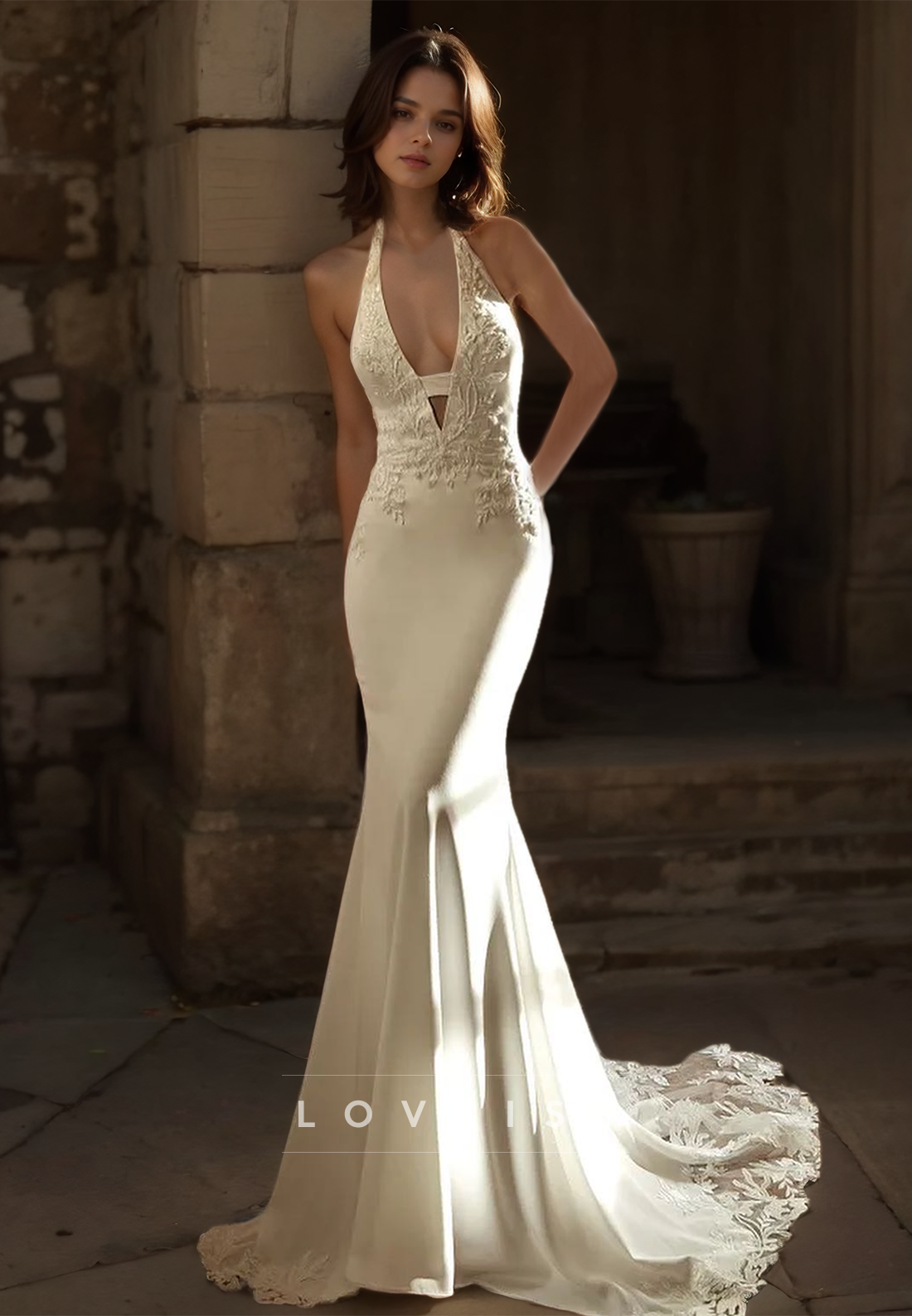 V-Neck Sleeveless Lace Appliques Mermaid Wedding Dress