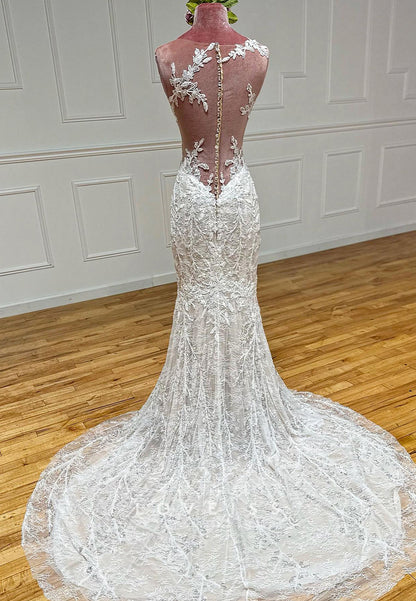 V-Neck Sleeveless Lace Appliques Mermaid Wedding Dress