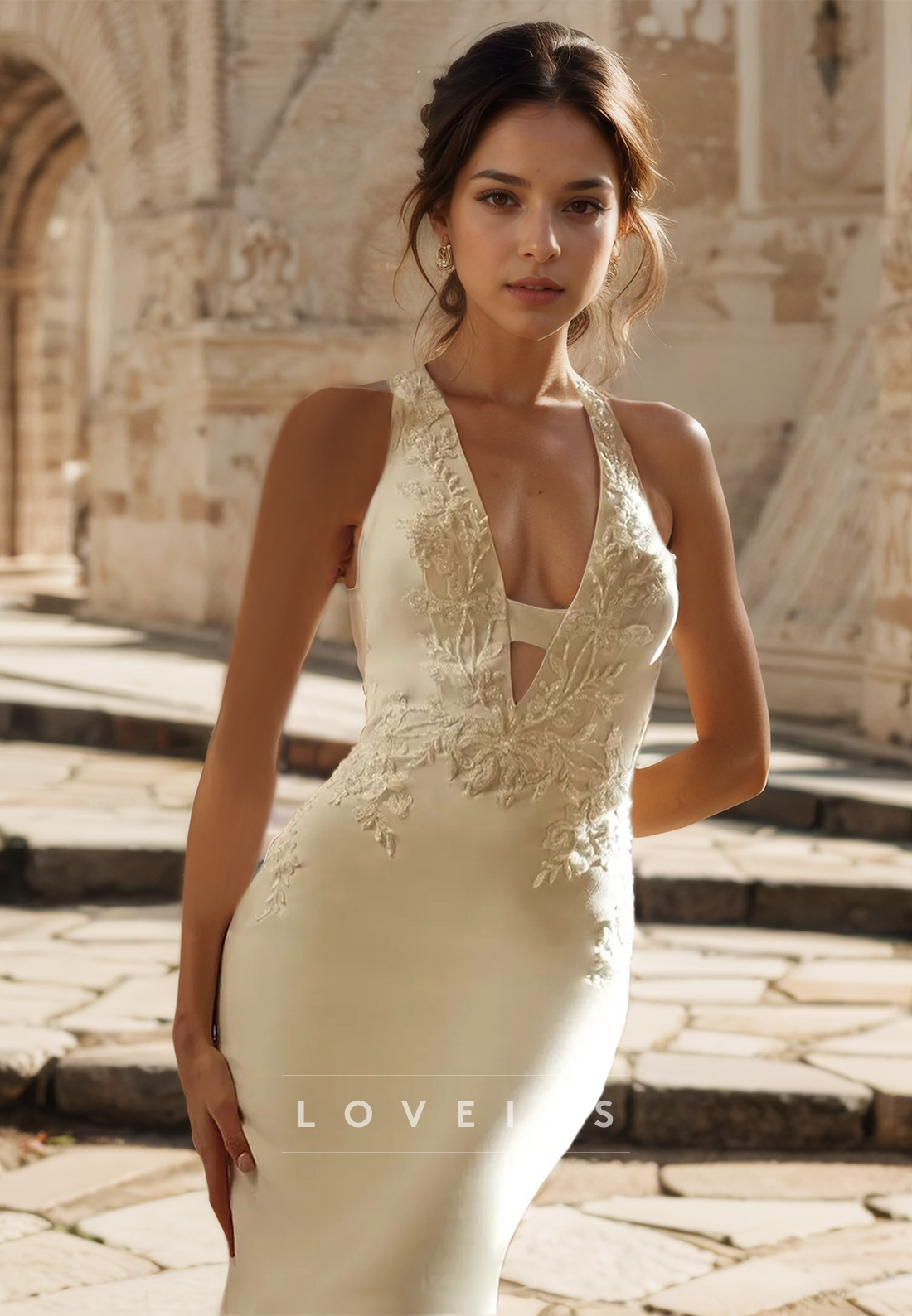 V-Neck Sleeveless Lace Appliques Mermaid Wedding Dress