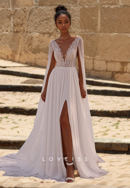 V-Neck Sleeveless Lace Appliques Pleated A-Line Beach Wedding Dress